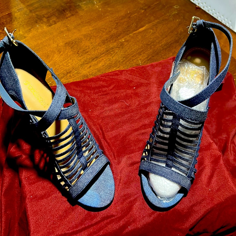 Jean material heel sandal, worn once, women’s size 11US